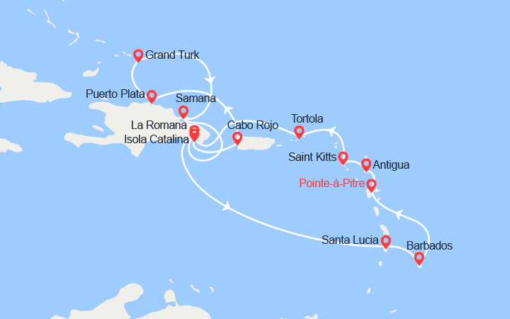 Carte itinéraire croisière Antille, Isole Vergini, Repubblica Dominicana, Isole Turks