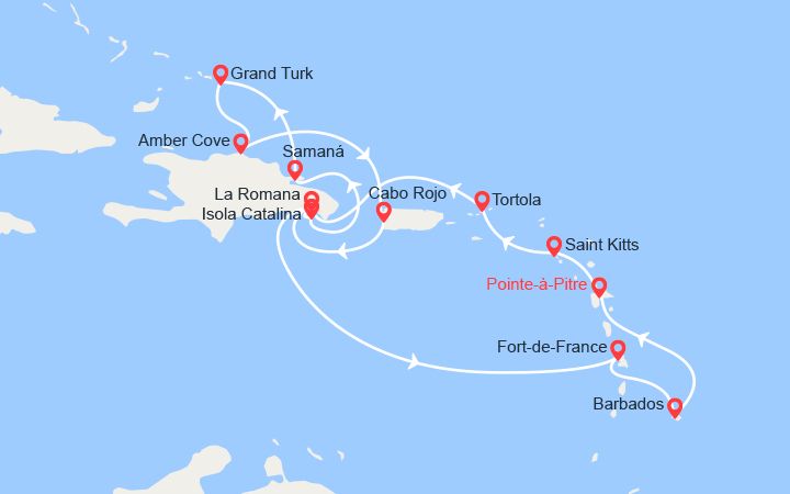 Carte itinéraire croisière Antille, Isole Vergini, Repubblica Dominicana, Isole Turks