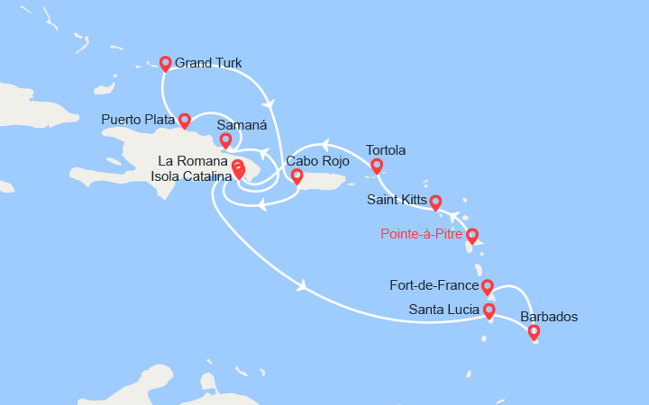 Carte itinéraire croisière Antille, Isole Vergini, Repubblica Dominicana, Isole Turks