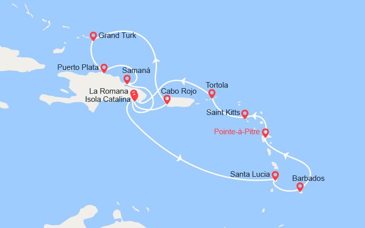 Carte itinéraire croisière Antille, Isole Vergini, Repubblica Dominicana, Isole Turks