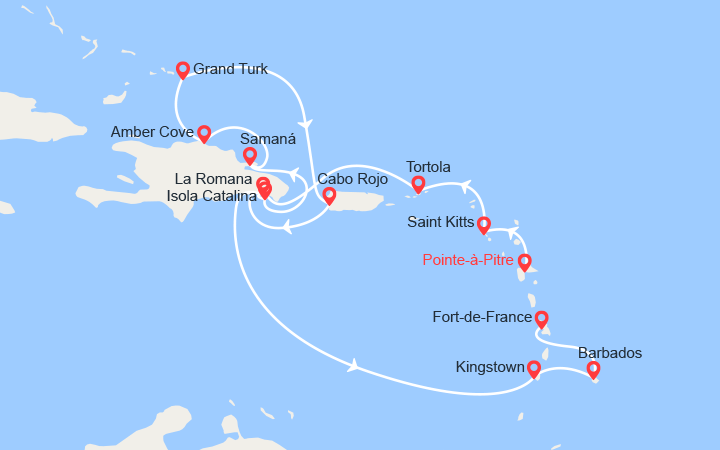 Carte itinéraire croisière Antille, Isole Vergini, Repubblica Dominicana, Isole Turks