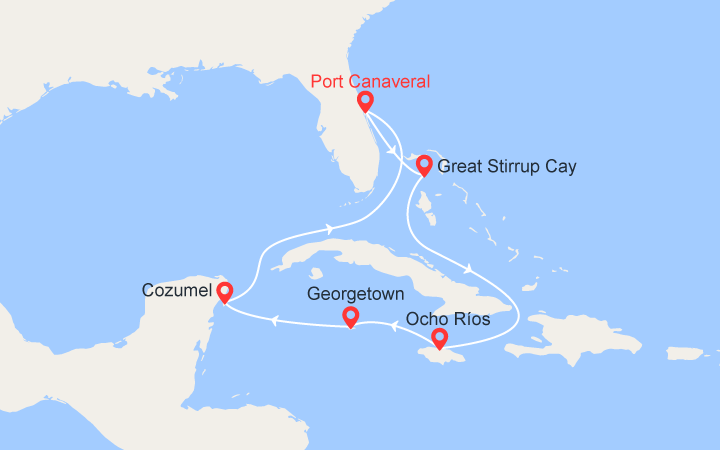 Carte itinéraire croisière Bahamas, Jamaica, Islas Caimán, México