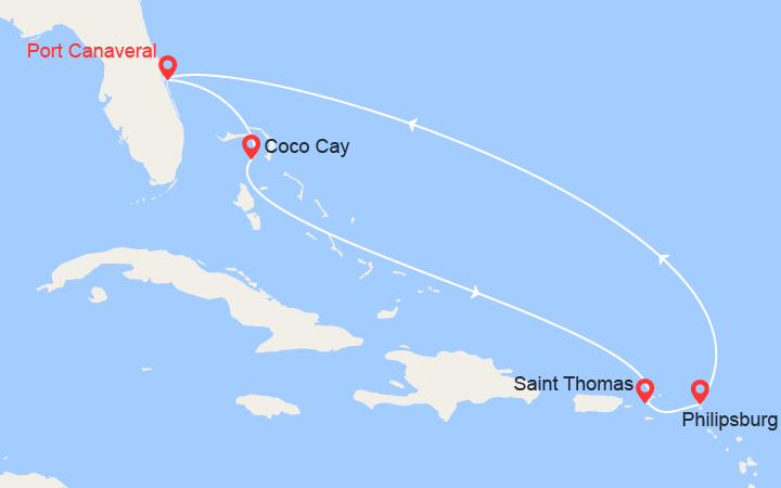 Carte itinéraire croisière Bahamas, St Thomas, St Maarten