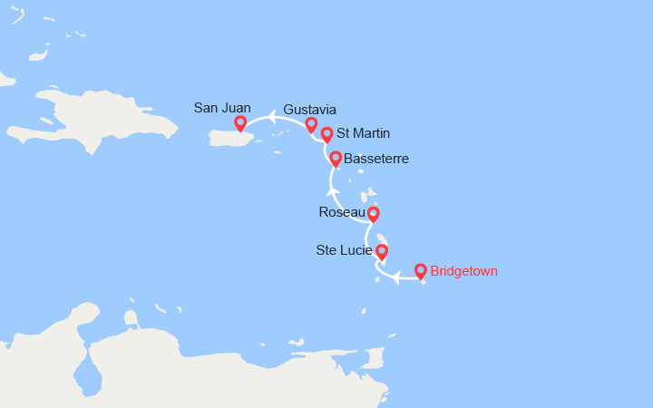 Carte itinéraire croisière barbade ste lucie dominique st christophe et nieves st martin porto rico