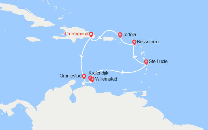 Carte itinéraire croisière caraibes au depart de la rep dominicaine aruba sainte lucie tortola