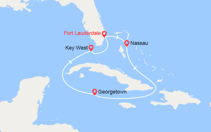 Carte itinéraire croisière Caraïbes : Grand Cayman,Bahamas, Nassau