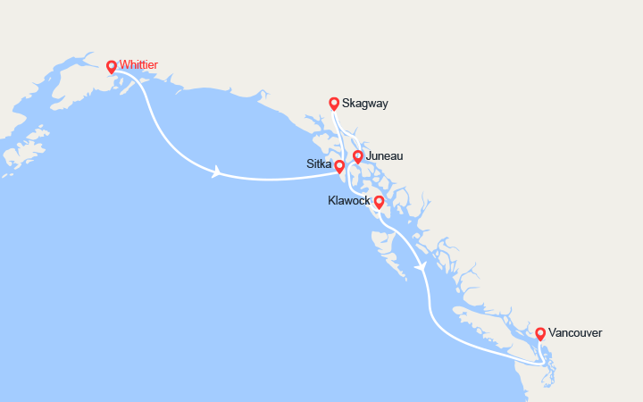 Carte itinéraire croisière D’Anchorage à Vancouver entre fjords et glaciers