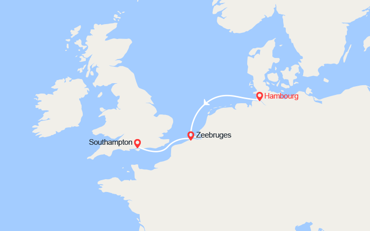 Carte itinéraire croisière de hambourg a southampton