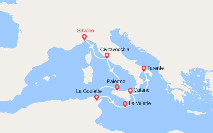 Carte itinéraire croisière de savone a tarente