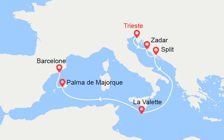 Carte itinéraire croisière de trieste a barcelone croatie malte majorque
