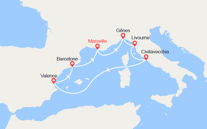 Carte itinéraire croisière espagne france italie