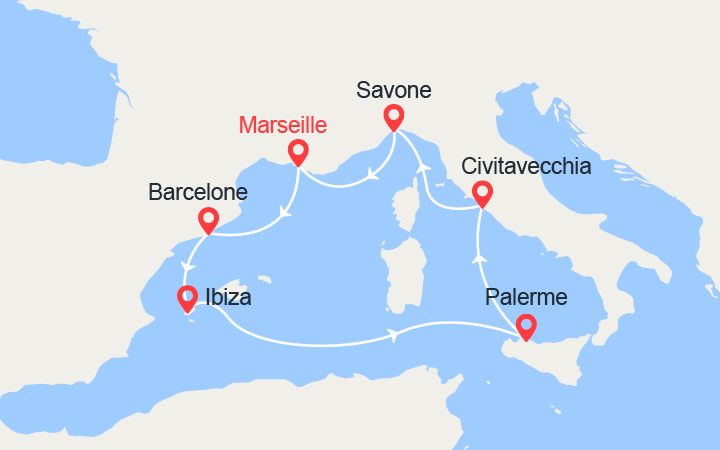 Carte itinéraire croisière espagne ibiza sicile italie
