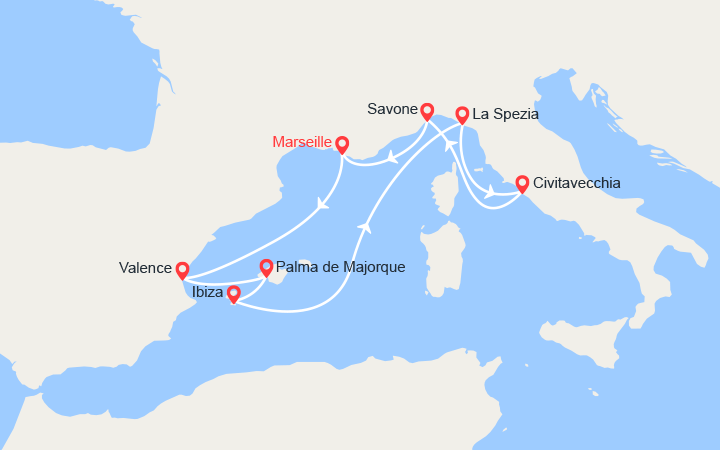 Carte itinéraire croisière Espagne, Majorque, Ibiza, Italie
