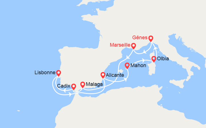 Carte itinéraire croisière espagne portugal baleares italie