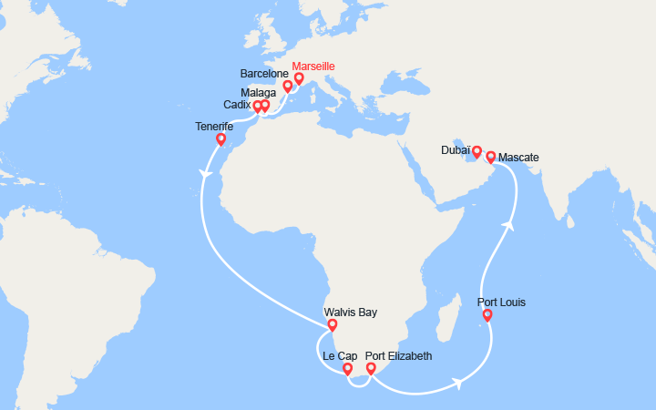Carte itinéraire croisière France, Espagne, Canaries, Namibia, Afrique du Sud, Maurice, Oman, Emirats Arabes Unis