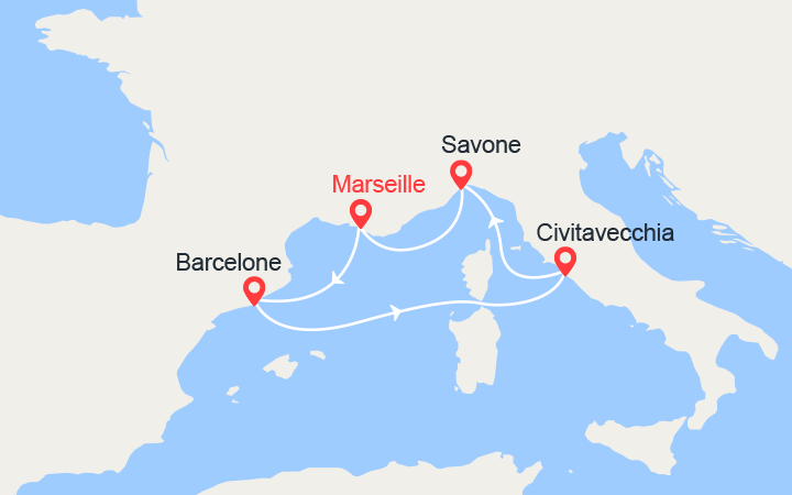 Carte itinéraire croisière France, Espagne, Italie