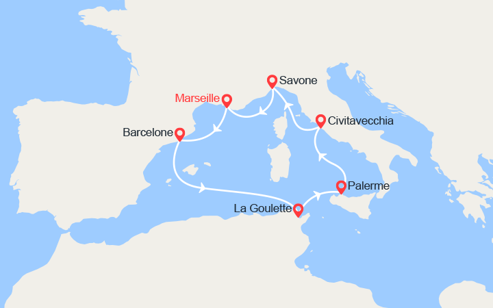 Carte itinéraire croisière france espagne tunisie italie