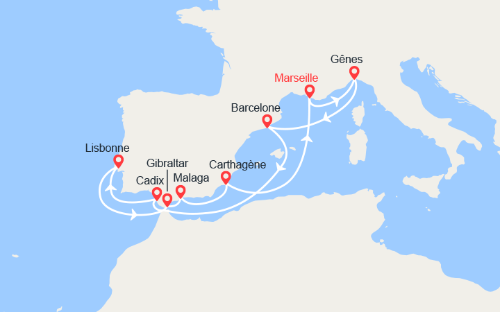 Carte itinéraire croisière france italie espagne portugal gibraltar
