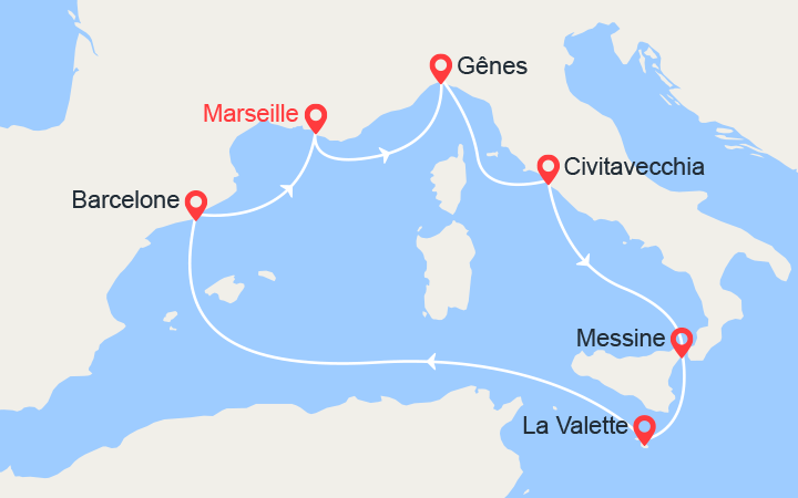 Carte itinéraire croisière France, Italie, Malte et Espagne