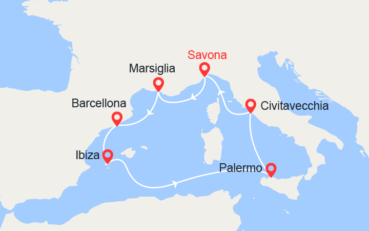 Carte itinéraire croisière Francia, Spagna, Ibiza