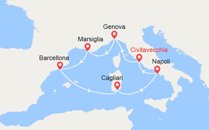 Carte itinéraire croisière Francia, Spagna, Italia