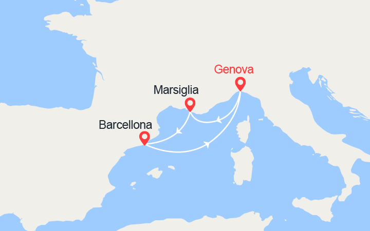 Carte itinéraire croisière Francia, Spagna : Marsiglia, Barcellona
