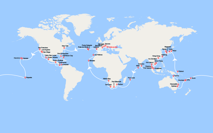 Carte itinéraire croisière Giro del Mondo 2027 da Civitavecchia