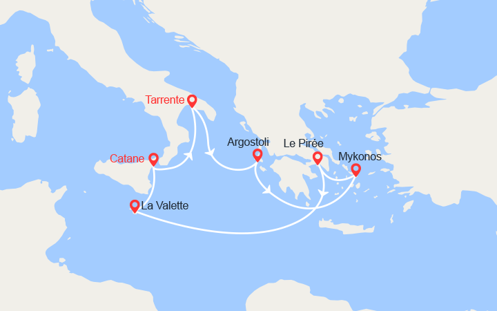 Carte itinéraire croisière iles grecques malte au depart de tarente