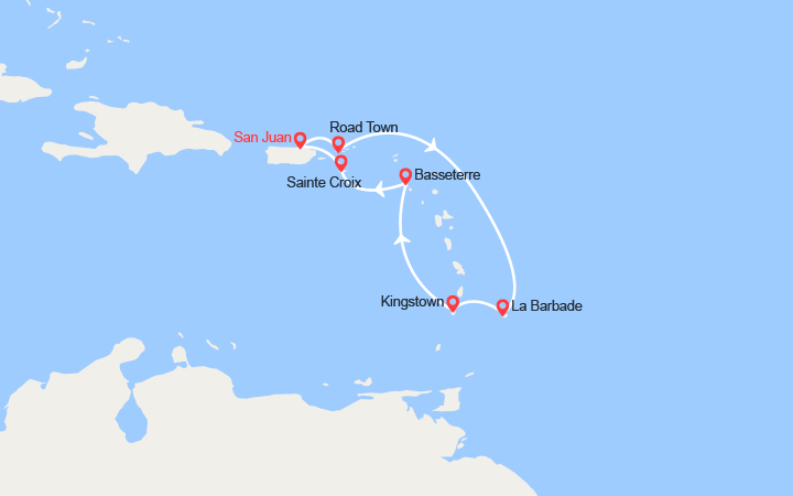 Carte itinéraire croisière iles vierges britanniques la barbade st vincent et les grenadines st kitts et nevis iles vierges americaines