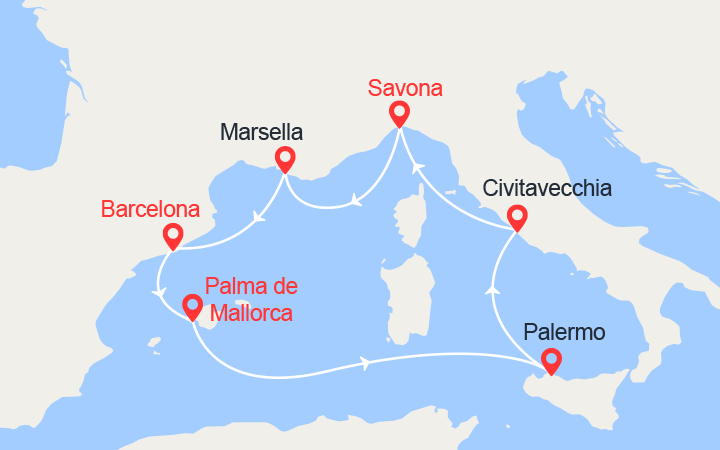 Carte itinéraire croisière Islas Baleares, Italia, Francia