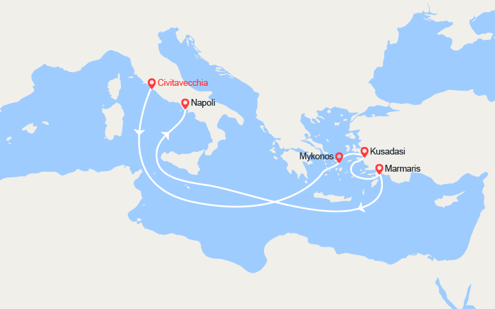 Carte itinéraire croisière Isole Greche, Turchia : da Civitavecchia a Napoli