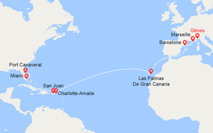Carte itinéraire croisière Italia, Francia, Spagna, Porto Rico, Stati Uniti