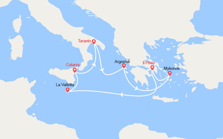 Carte itinéraire croisière Italia, Grecia, Malta