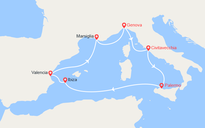 Carte itinéraire croisière Italia, Ibiza, Provenza