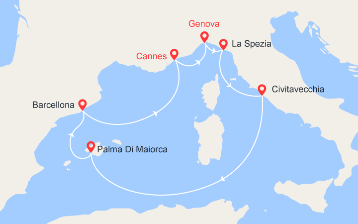 Carte itinéraire croisière Italia, Spagna e Costa Azzurra