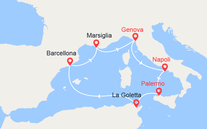 Carte itinéraire croisière Italia, Tunisia, Spagna, Francia