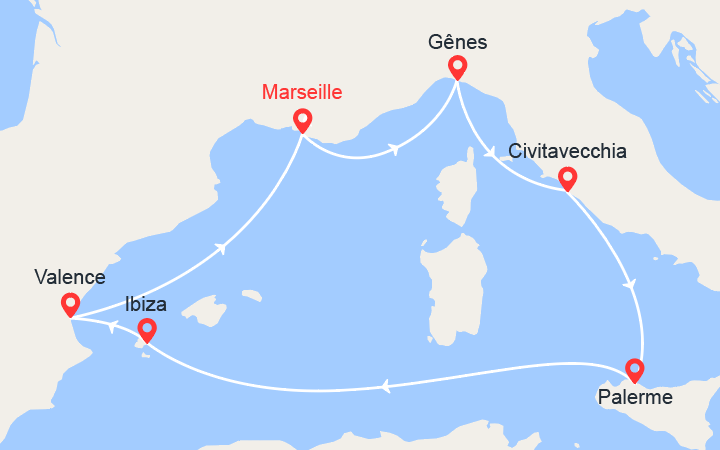 Carte itinéraire croisière italie ibiza espagne