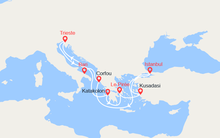 Carte itinéraire croisière Italie, îles Grecques, Turquie