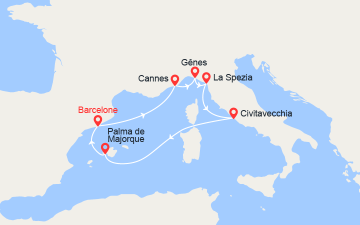 Carte itinéraire croisière Italie, Majorque, Espagne, Côte d'Azur
