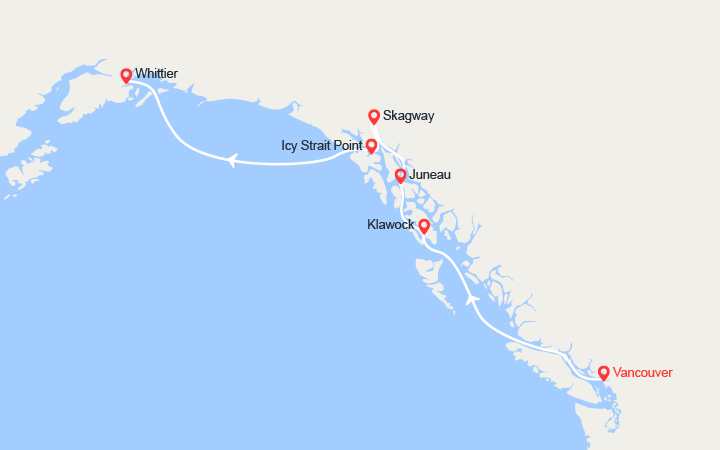 Carte itinéraire croisière L’Alaska : de Vancouver à Whittier