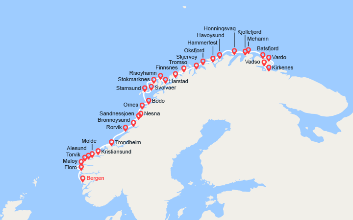 Carte itinéraire croisière L’Express Côtier : Bergen – Kirkenes – Bergen