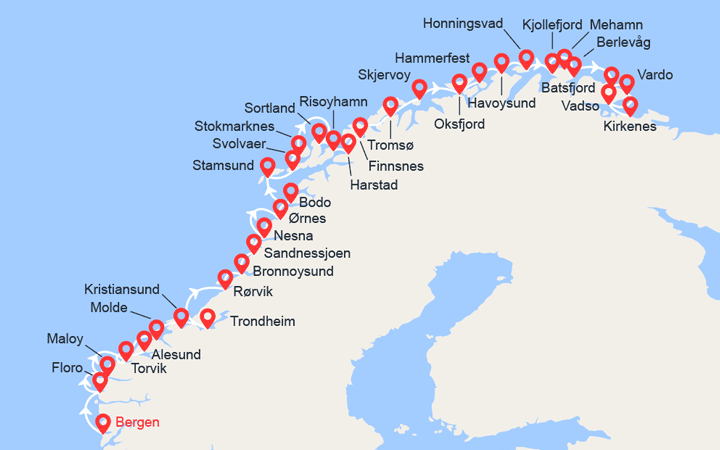 Carte itinéraire croisière la norvege du sud au nord de bergen a kirkenes