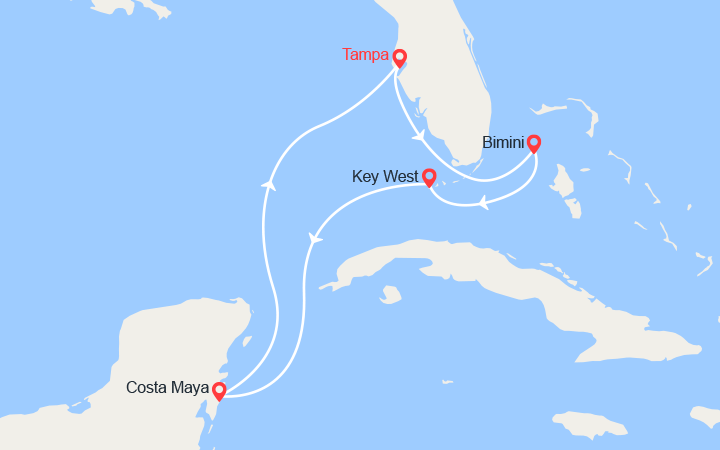 Carte itinéraire croisière Les Bahamas : Bimini, Nassau, Iles Caïmans
