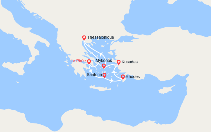 Carte itinéraire croisière les iles grecques santorin rhodes mykonos