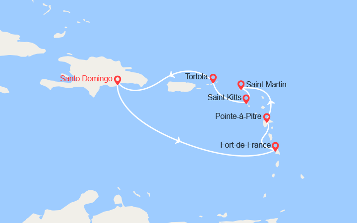 Carte itinéraire croisière Martinica, Guadalupa, Sint Maarten, Saint Kitts e Nevis, Isole Vergini
