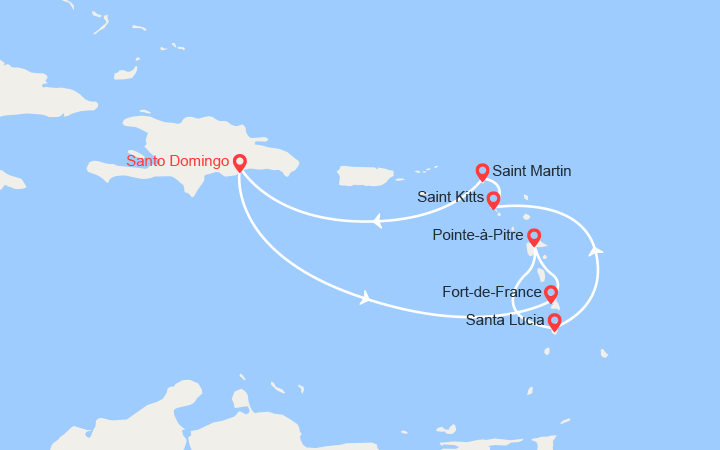 Carte itinéraire croisière Martinica, Guadalupa, Sint Maarten, Saint Kitts e Nevis, Isole Vergini