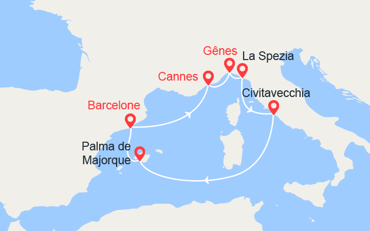 Carte itinéraire croisière provence italie baleares barcelone