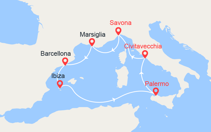 Carte itinéraire croisière Provenza, Spagna, Ibiza, Italia