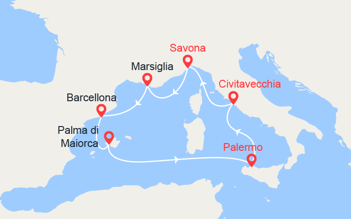 Carte itinéraire croisière Provenza, Spagna, Maiorca, Italia