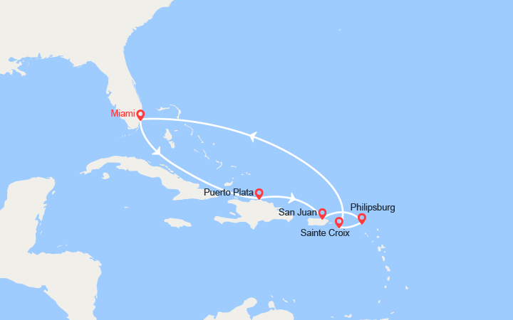 Carte itinéraire croisière Rép. Dominicaine, Porto Rico, St Maarten, Iles Vierges